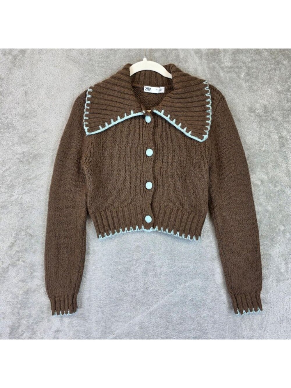 Zara Cardigan Sweater Womens S Brown Contrast Trim Collar Chunky Knit Cropped